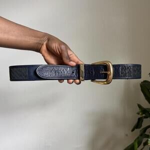 Vintage Navy blue leather belt with‎ gold buckle size L